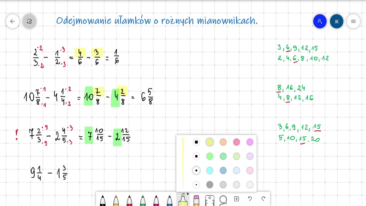 Odejmowanie ułamków o różnych mianownikach - YouTube Dodawanie I Odejmowanie Ulamkow O Roznych Mianownikach