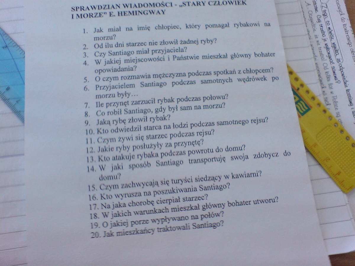odpowiedz na pytania dotyczące lektury ,,Stary człowiek i morze" w Pytania Do Lektury Inny świat