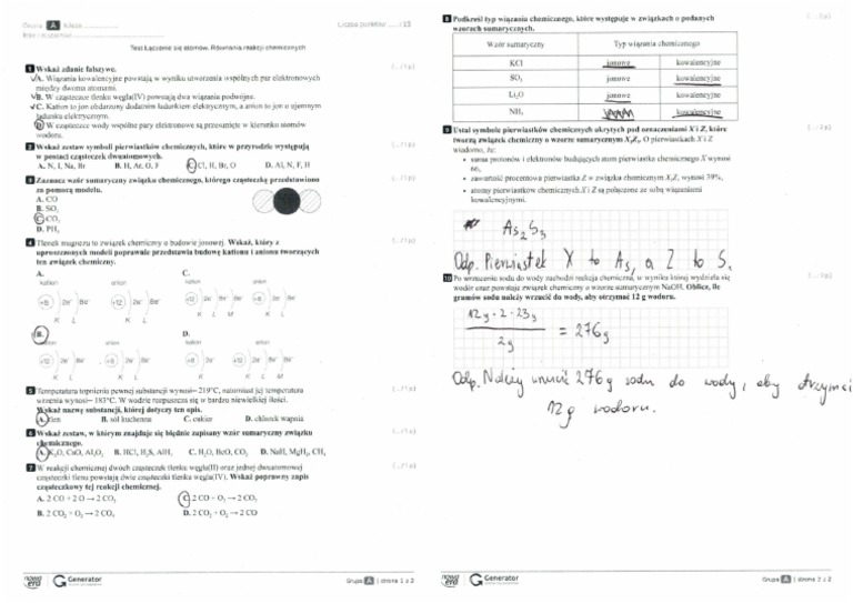 Odpowiedzi Do Testu - Łączenie Się Atomów. Równania Reakcji Chemicznych Równania Reakcji Chemicznych Zadania I Odpowiedzi