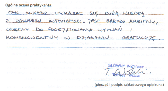 Opinia - CPP PREMA S.A. Przykładową Opinia Opiekuna Praktyki Zawodowej Technik Informatyk