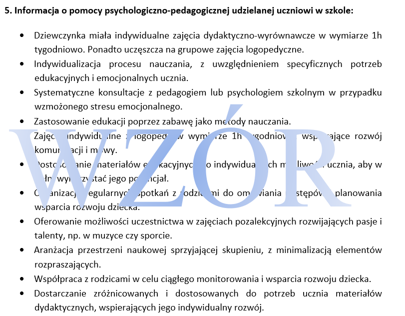 Opinia Nauczycieli I Specjalistów Prowadzących Zajęcia Z Uczniem Przykład