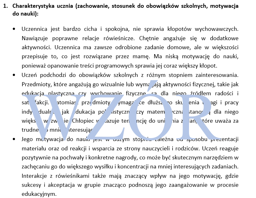 OPINIA NAUCZYCIELA PROWADZĄCEGO ZAJĘCIA Z UCZNIEM – etap wczesnoszkolny Opinia Nauczycieli I Specjalistów Prowadzących Zajęcia Z Uczniem Przykład