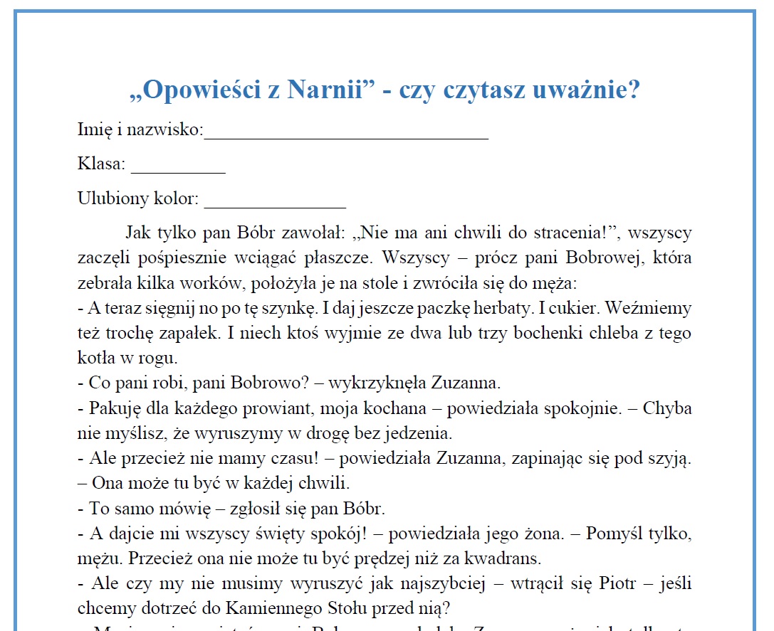"Opowieści z Narnii" - czytanie ze zrozumieniem • Złoty nauczyciel Test Z Opowiesci Z Narnii