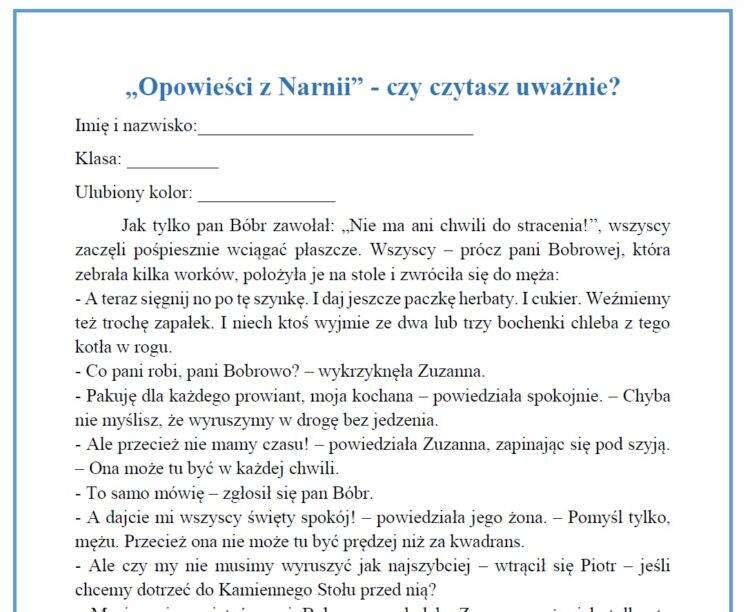 "Opowieści z Narnii" - czytanie ze zrozumieniem • Złoty nauczyciel Czytanie Ze Zrozumieniem Klasa 8