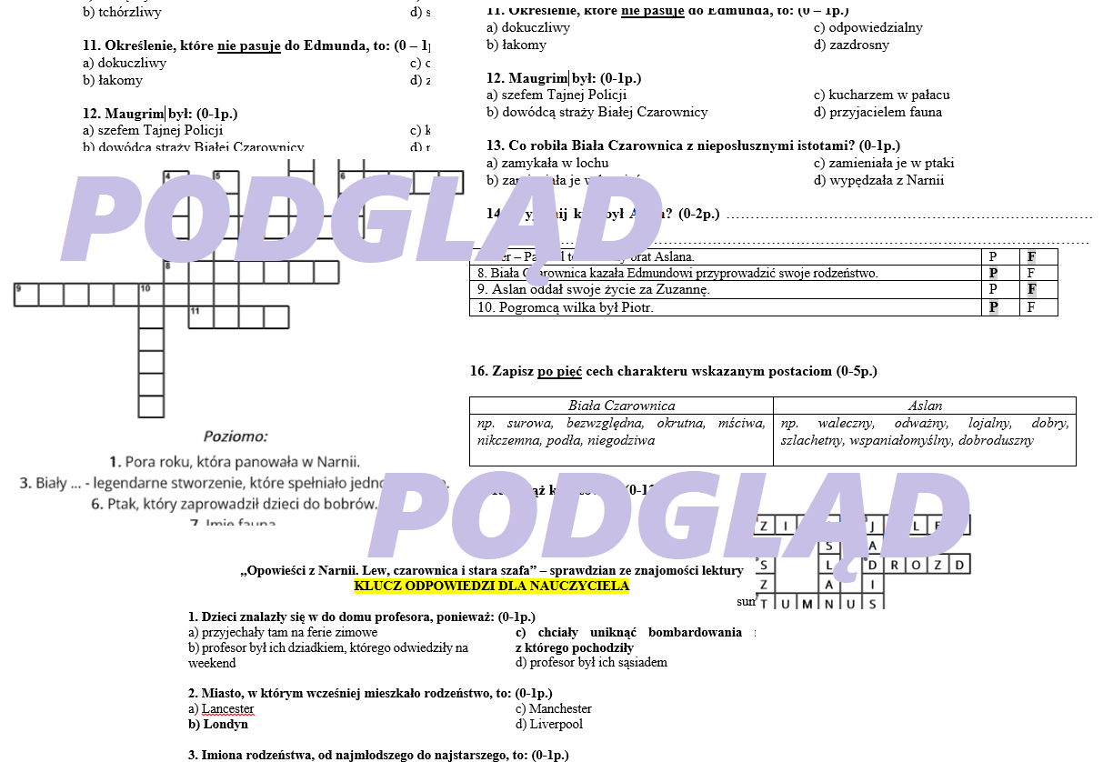 Opowieści z Narnii - sprawdzian ze znajomości lektury, test + klucz Sprawdzian Z Lektury Mały Książe