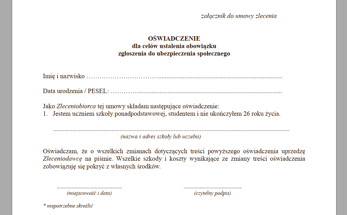 Oswiadczenie Do Umowy Zlecenia 2023 Pdf - Image to u Umowy Gospodarcze W Przykładach I Wzorach