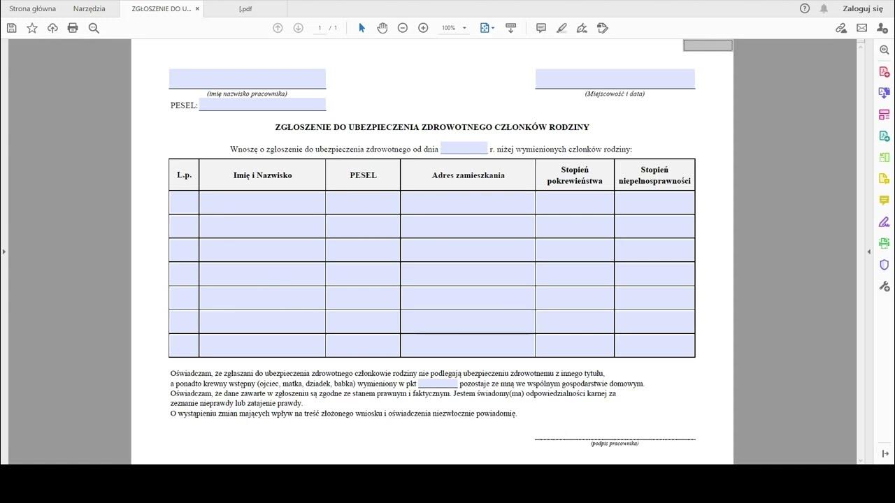 Oświadczenie o zgłoszeniu do ubezpieczenia członka rodziny PDF, www Oddelegowanie Pracownika Do Innego Pracodawcy