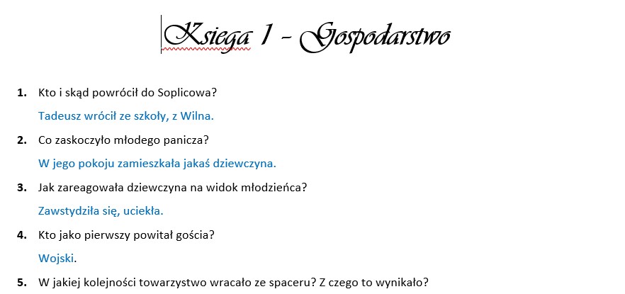 Pan Tadeusz Księga 7 Pytania I Odpowiedzi