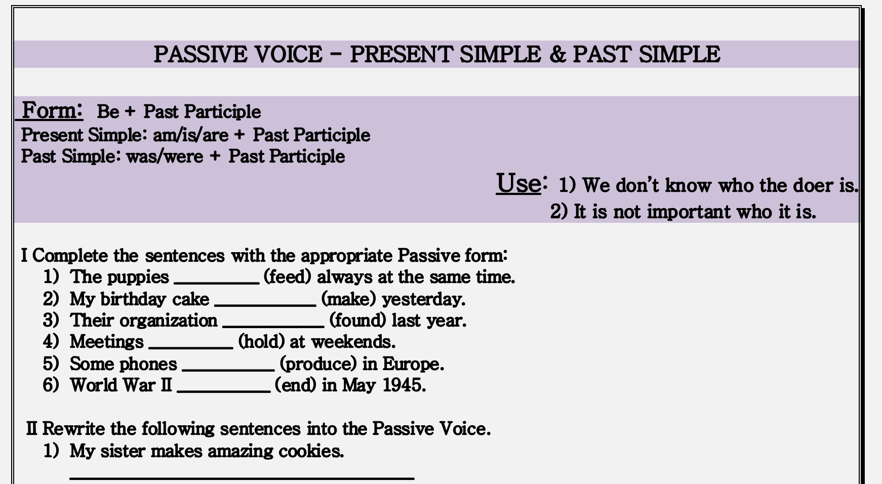 Passive Voice – Present Simple & Past Simple Worksheet Passive Voice Present Simple Past Simple Exercises Pdf