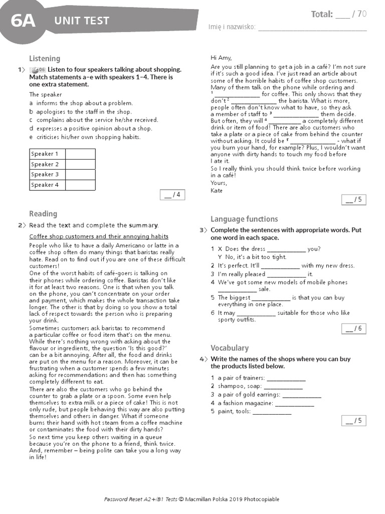 Password Reset A2+ B1 UT 6A | PDF | Coffeehouse Password Reset A2 B1 Unit 8