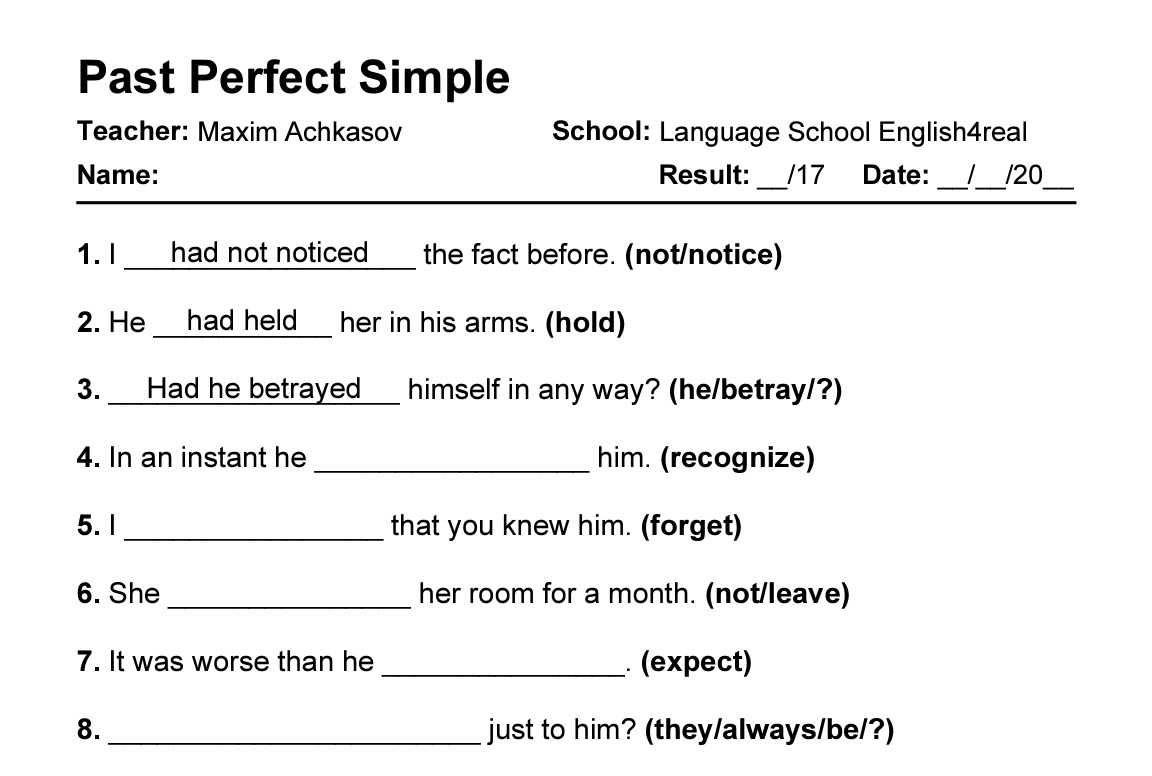 Past Perfect | English grammar fill in the blanks exercises with Past Perfect Test