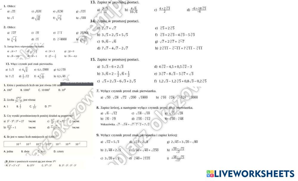 Pierwiastki klasa 7 | LiveWorksheets | 7468637 Pierwiastki Sprawdzian Klasa 7 Pdf
