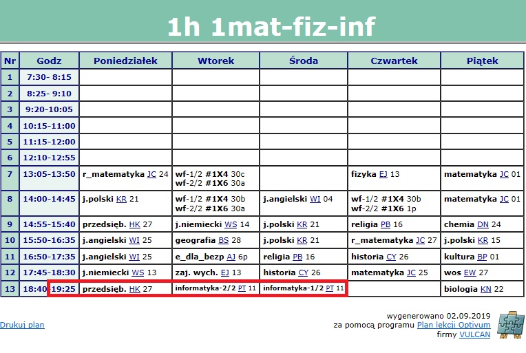 PLAN lekcji Bochnia kl 1 - ZNP : ZNP Zs1 Plan Lekcji