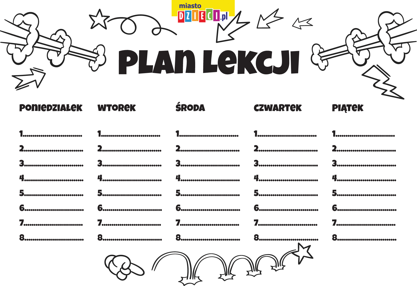 Plan lekcji do kolorowania. Szablon do druku, bezpłatne arkusze dla Plan Lekcji Do Kolorowania Do Druku