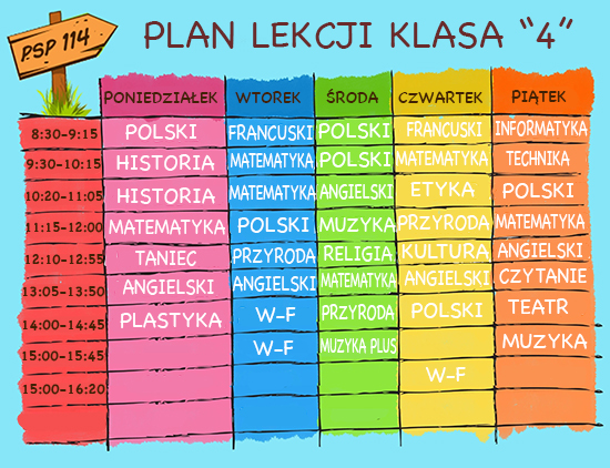 Plan lekcji - klasa 4 2015/2016 | Prywatna Szkoła Podstawowa 114 Tematy Lekcji Bibliotecznych W Szkole Podstawowej