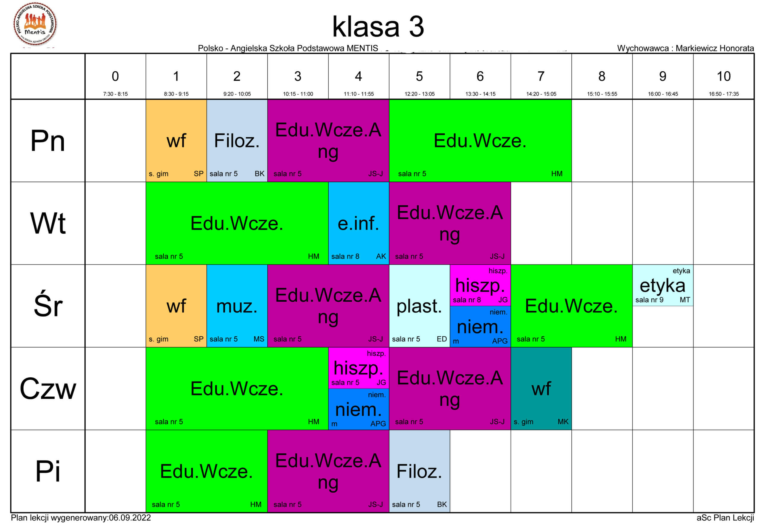 Plan lekcji | Mentis - Dwujęzyczna prywatna szkoła podstawowa Zdz Plan Lekcji