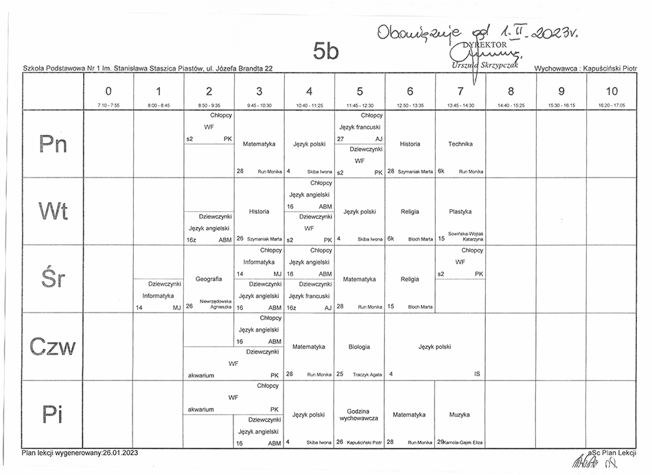 Plan lekcji – SP1 Piastów Plan Lekcji Sp1