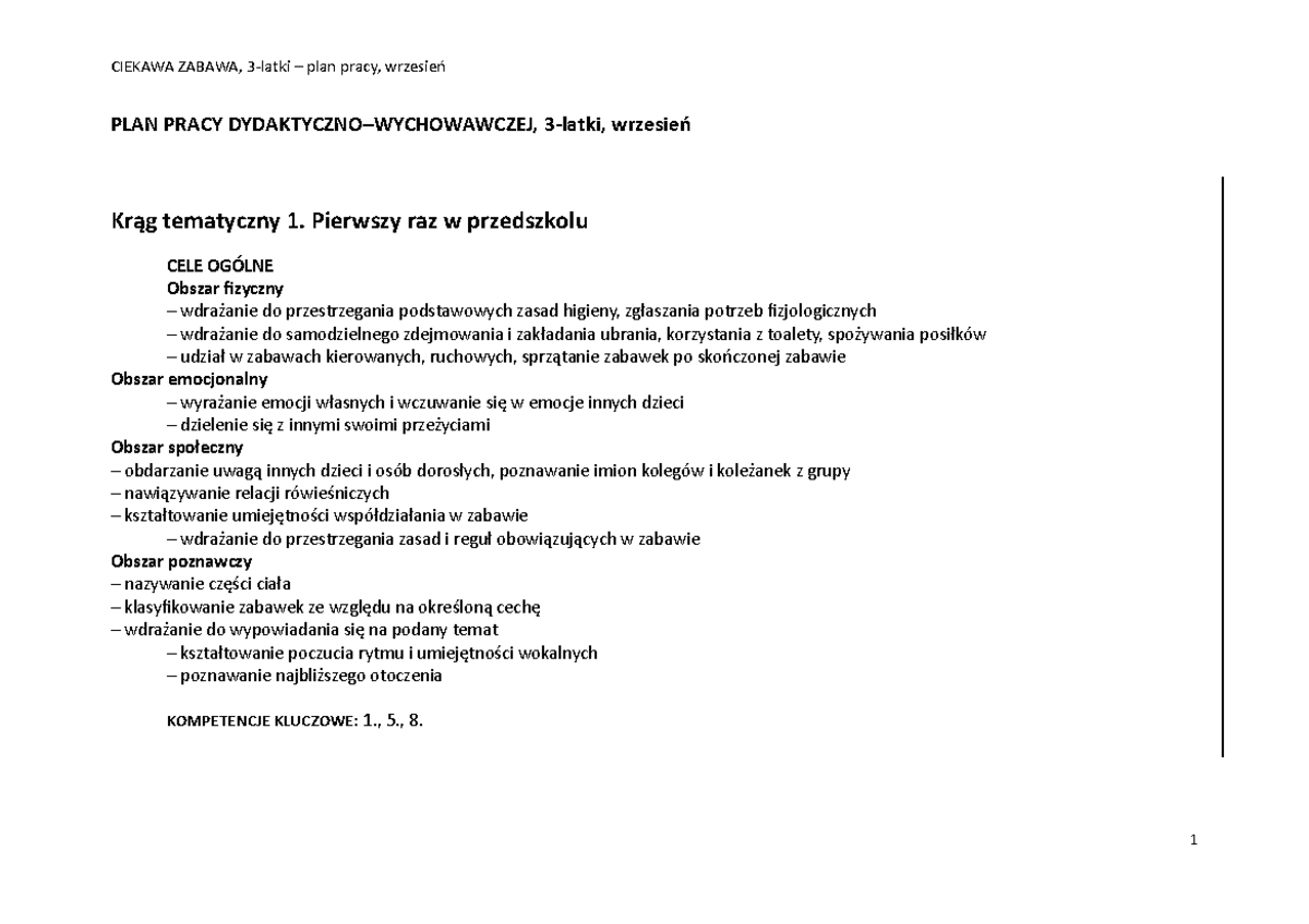 Plan Pracy Na Wrzesień Dla 3 Latków
