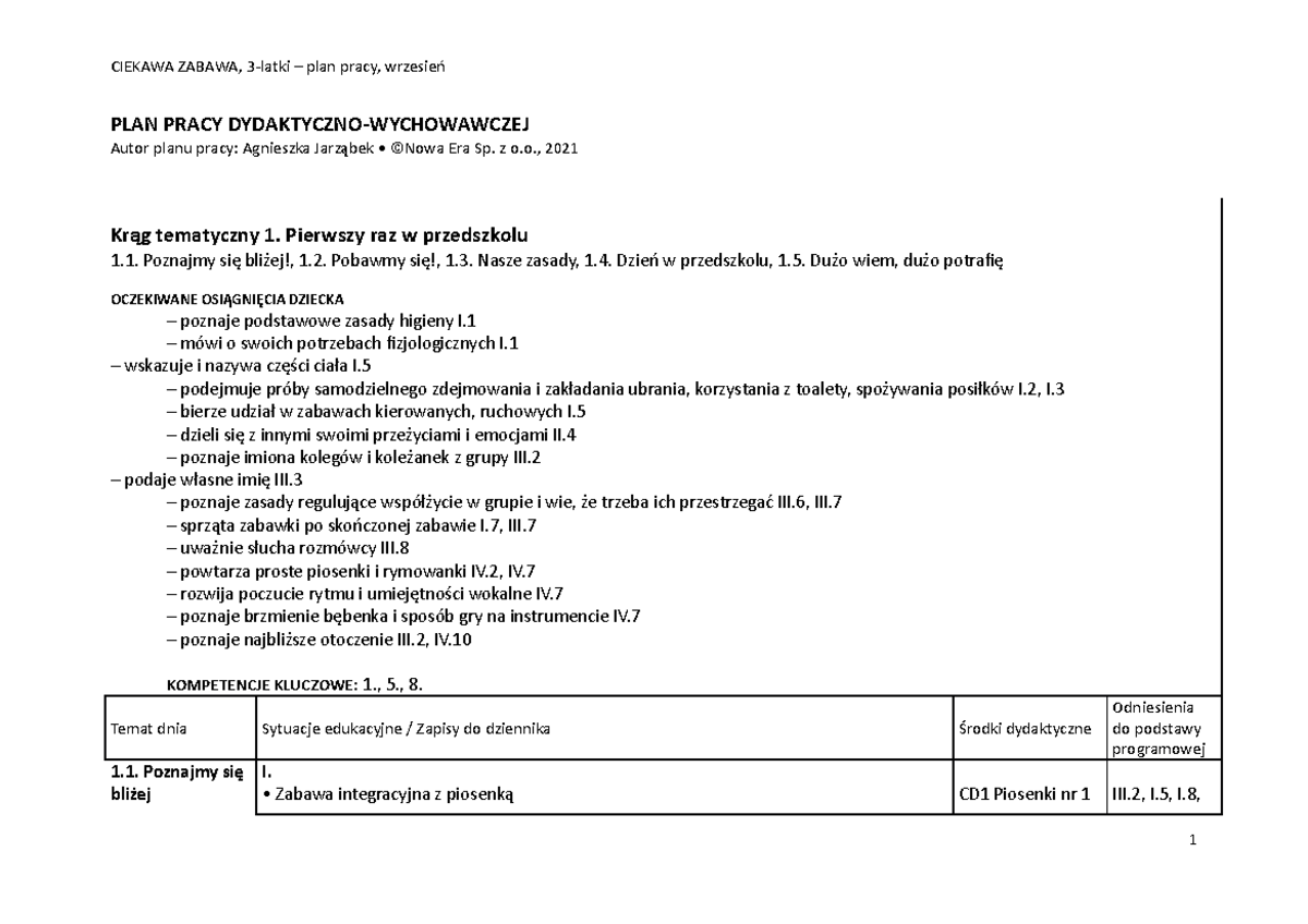Plan-pracy-wrzesien - rozkład materiału - PLAN PRACY DYDAKTYCZNO Plan Pracy W Zlobku Dla Najmłodszych