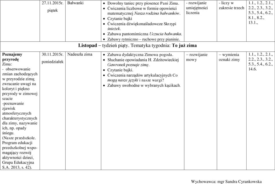 PLAN PRACY WYCHOWAWCZO DYDAKTYCZNEJ NA MIESIĄC LISTOPAD 2015 r. W Plan Pracy Wychowawczo Dydaktycznej Na Lipiec Przedszkole