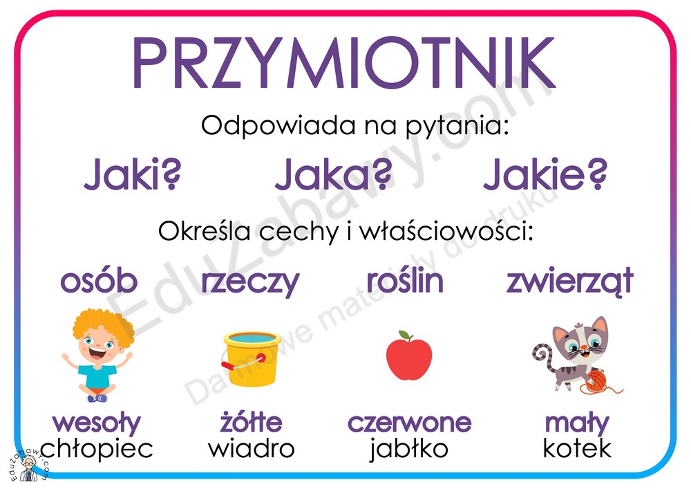 Plansze dydaktyczne: Części mowy: Przymiotnik: PDF do druku Przymiotniki