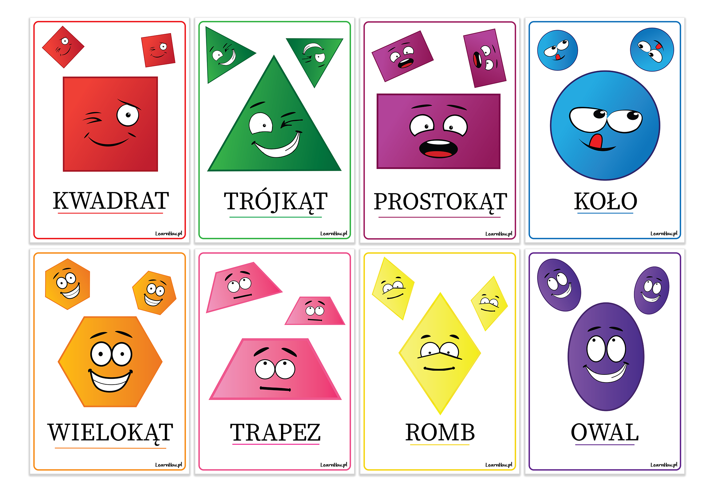 PLANSZE EDUKACYJNE - FIGURY GEOMETRYCZNE DUŻE A4 (zestaw 8 kart) LearnHow Figury Geometryczne Do Druku Przedszkole