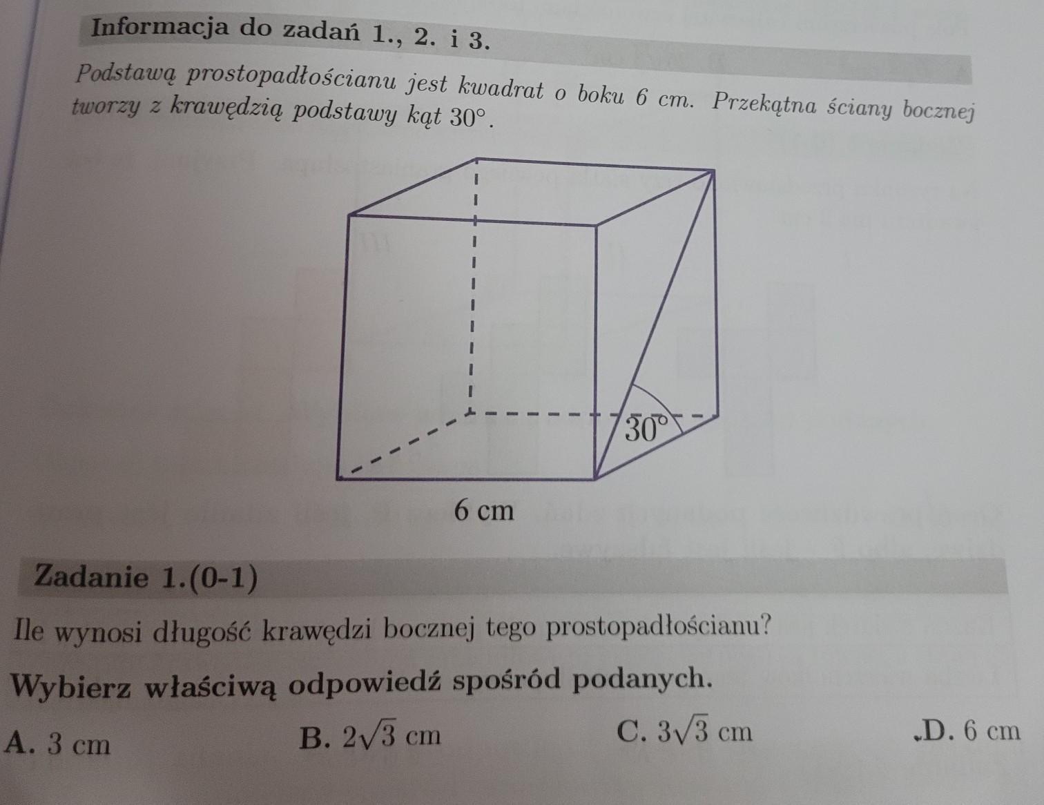 Podstawą prostopadłościanu jest kwadrat o boku 6 cm. Przekątna ściany Podstawą Prostopadłościanu Jest Kwadrat O Boku 4 Cm