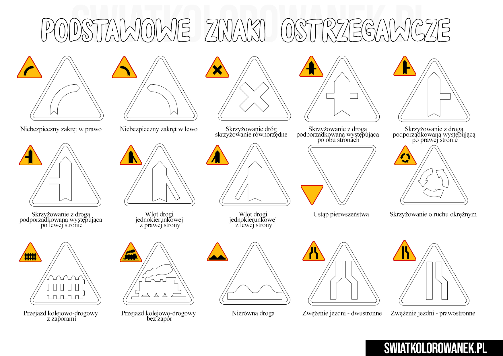 Podstawowe znaki drogowe dla rowerzystów - Darmowe kolorowanki do druku Znaki Drogowe Na Kartę Rowerową Z Opisem Do Druku