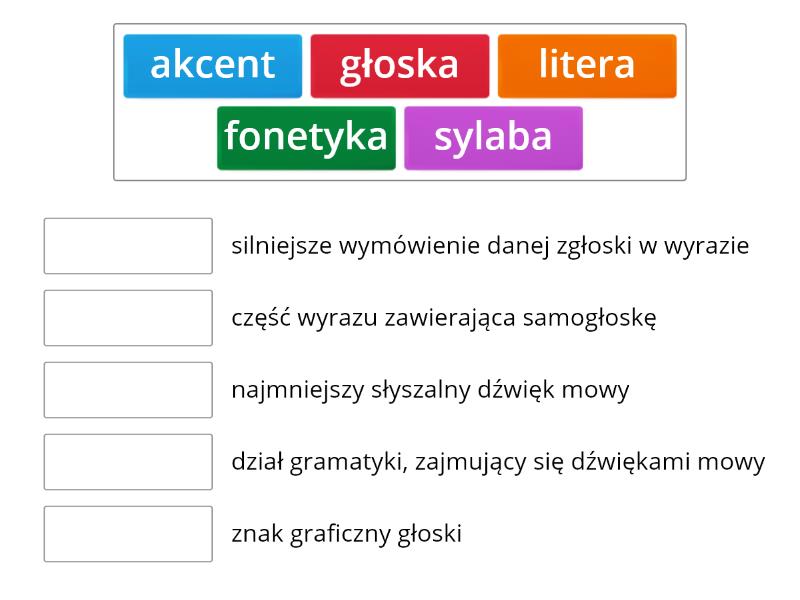 Pojęcia z dziedziny fonetyki - Match up Test Z Fonetyki Klasa 5 Online