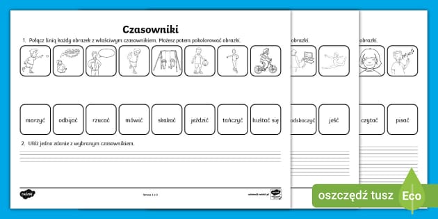 Połącz czasownik z obrazkiem | Części mowy | Karta pracy Czasownik Karty Pracy Klasa 2