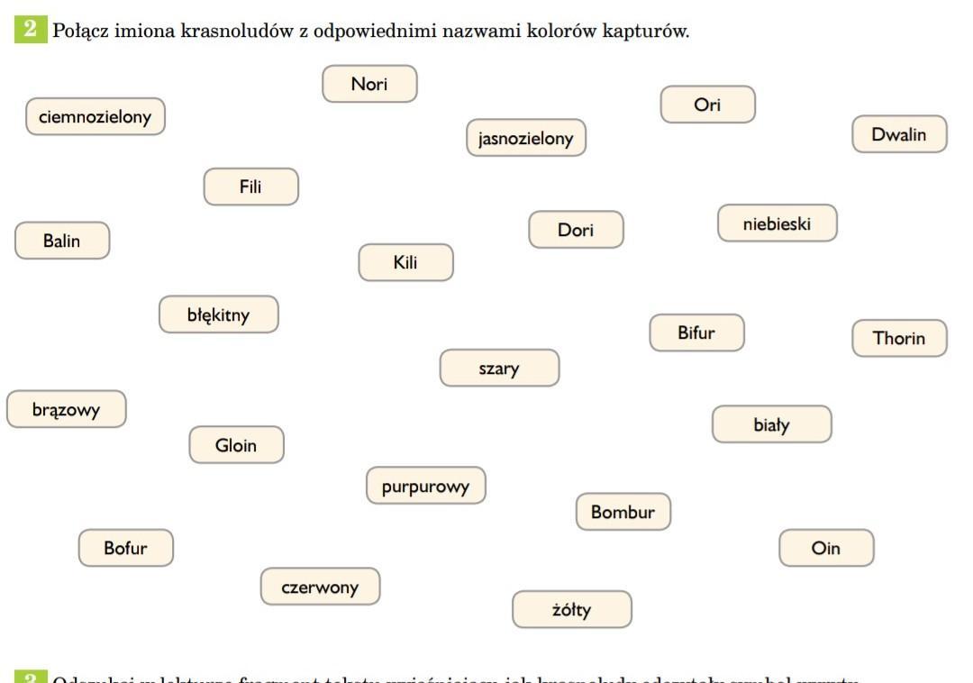 Połącz imiona krasnoludów z odpowiednimi nazwami kolorów kapturów Połącz Imiona Krasnoludów Z Odpowiednimi Nazwami Kolorów Kapturów