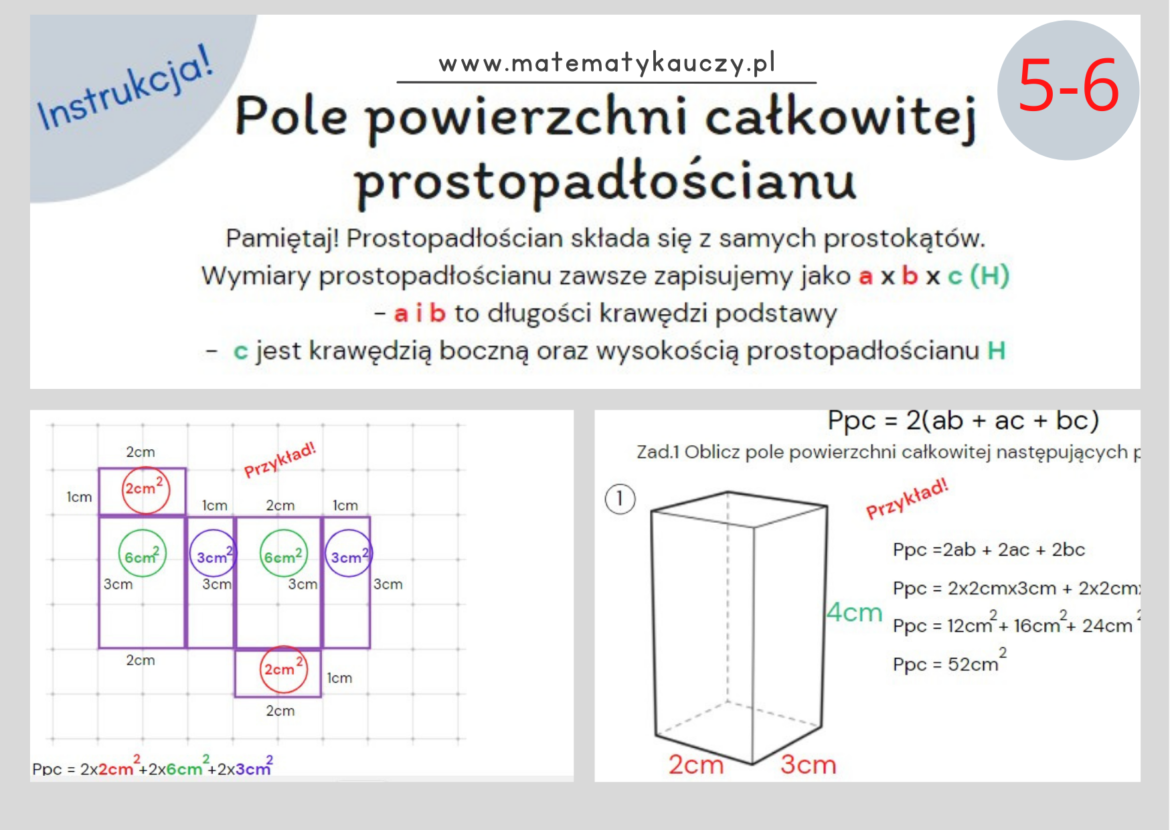 Pole powierzchni całkowitej prostopadłościanu Ppc / Karty pracy PDF kl Wzr Na Pole Powierzchni Prostopadloscianu