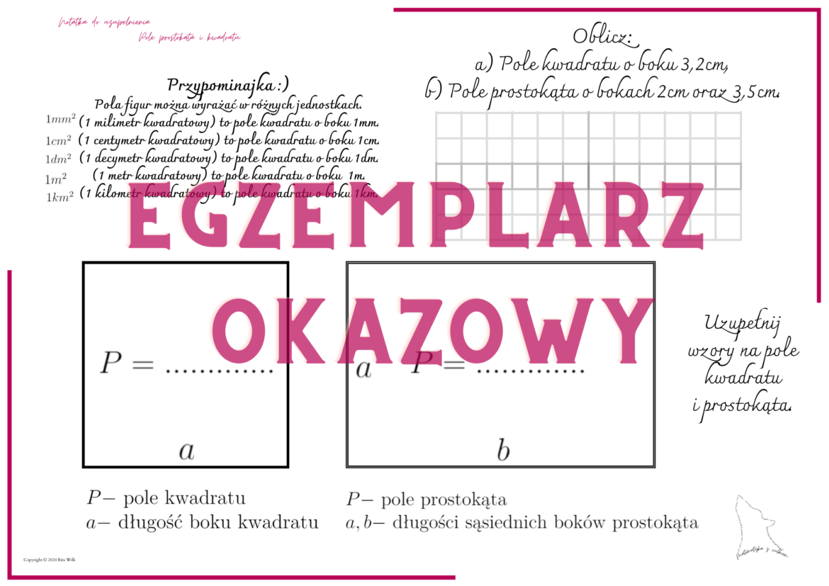 Pole prostokąta i kwadratu - notatka do uzupełnienia • Złoty nauczyciel Obwód Prostokąta I Kwadratu Sprawdzian Klasa 4 Pdf