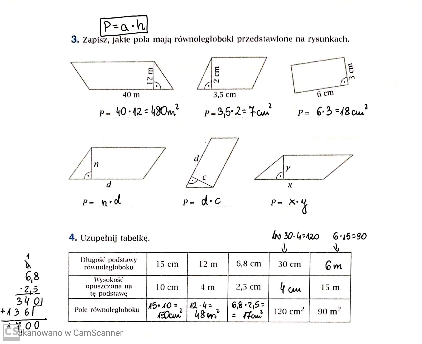 Pole równoległoboku. - klasa 5 (14.05.2020) Rownolegloboki I Romby Klasa 5 Sprawdzian