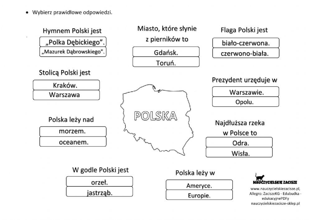 Polska - test wyboru worksheet Test Klasa 8 Polski