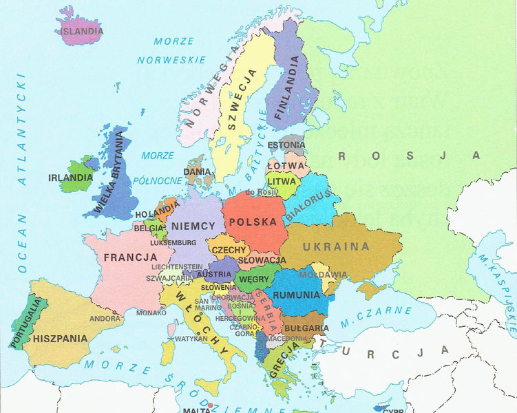Polska w Europie - eduwczesnoszkolna Mapa Europy Panstwa Po Polsku