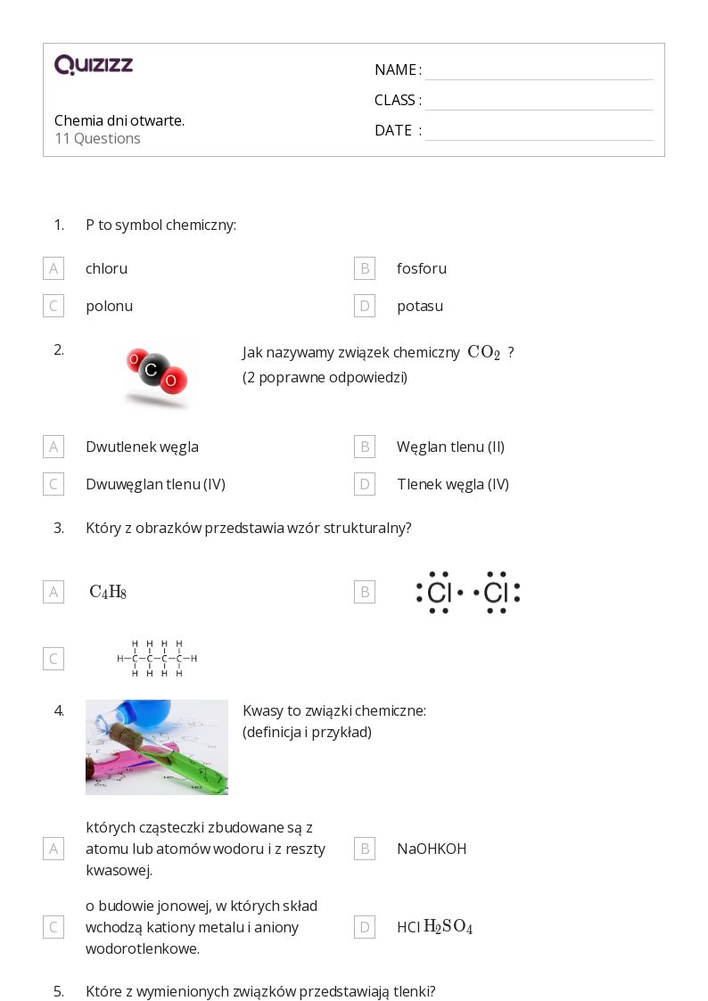 Ponad 50 Chemia arkuszy roboczych dla Klasa 8 w Quizizz | Darmowe i do Test Chemia Klasa 8 Dzial 1