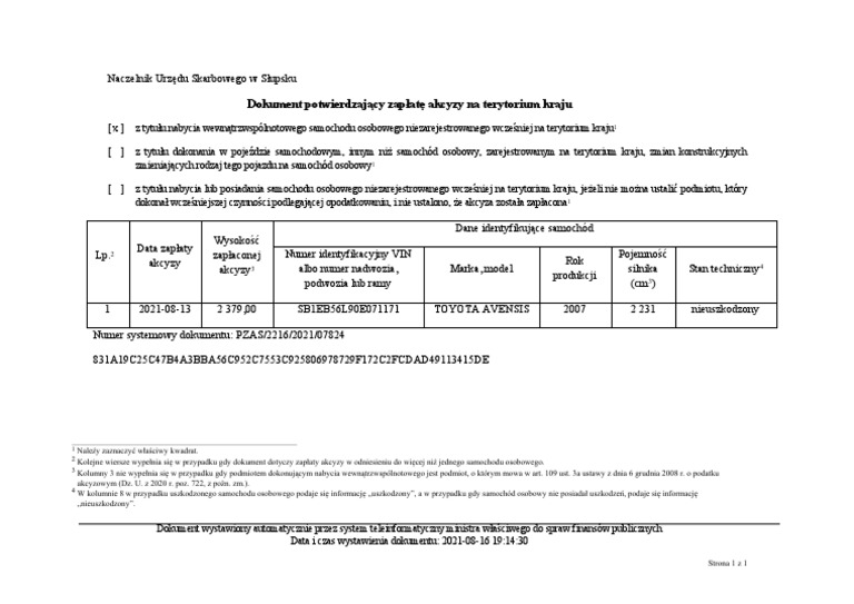 Potwierdzenie Zap Aty Akcyzy - 2021-08-16T191442.135 | PDF Pobierz Potwierdzenie Zapłaty Akcyzy Za Samochód