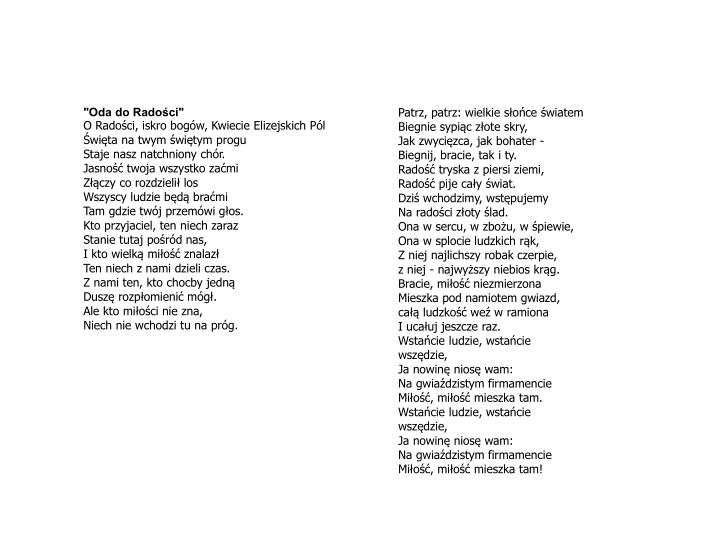 Oda Do Radości Tekst Po Polsku Cały