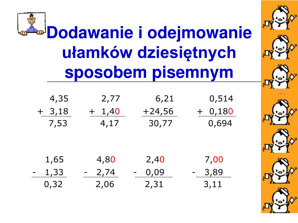 Ułamki Dziesiętne Dodawanie I Odejmowanie