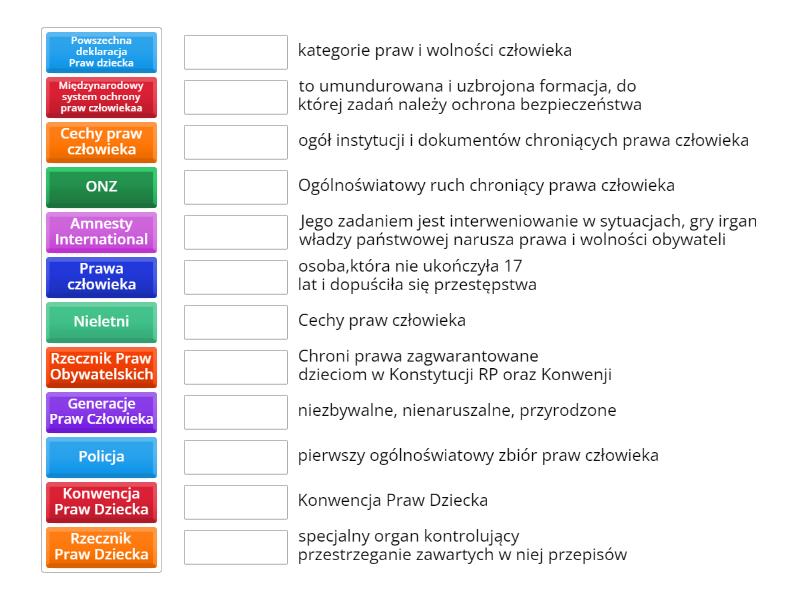 Prawa Człowieka- kartkówka Wos kl.8 - Połącz w pary Sprawdzian Wos Klasa 8 Prawa Człowieka