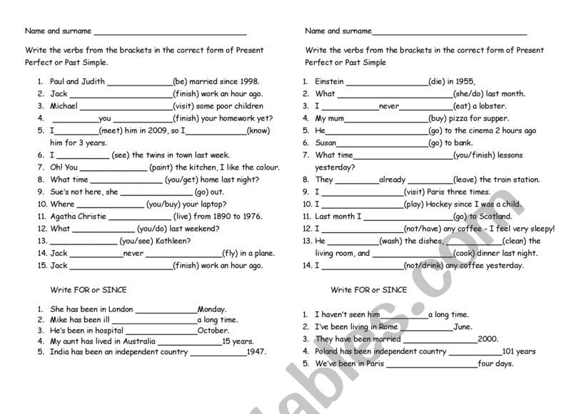 Present Perfect vs Past Simple quiz for and since - ESL worksheet by Present Perfect Vs Past Simple Test Online