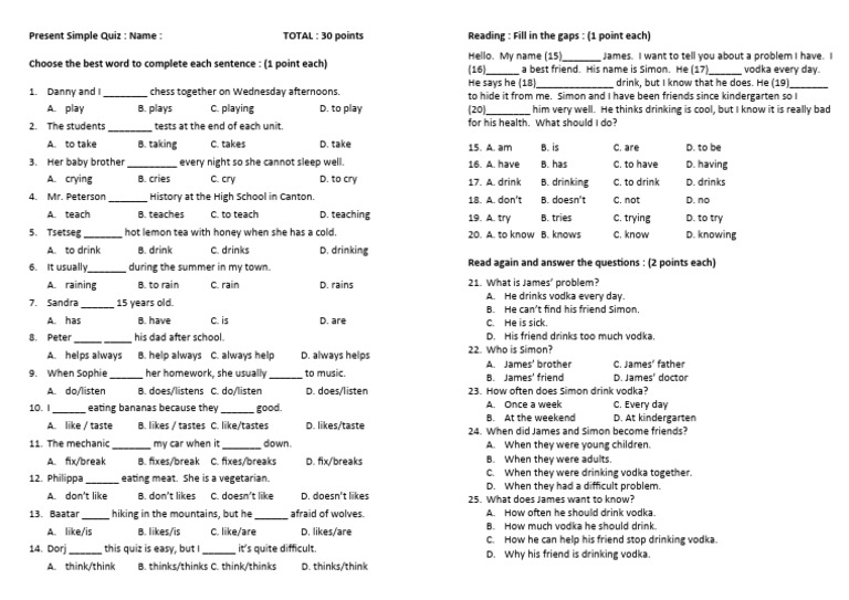 Present Simple Quiz | PDF Present Simple Test Klasa 4 Pdf
