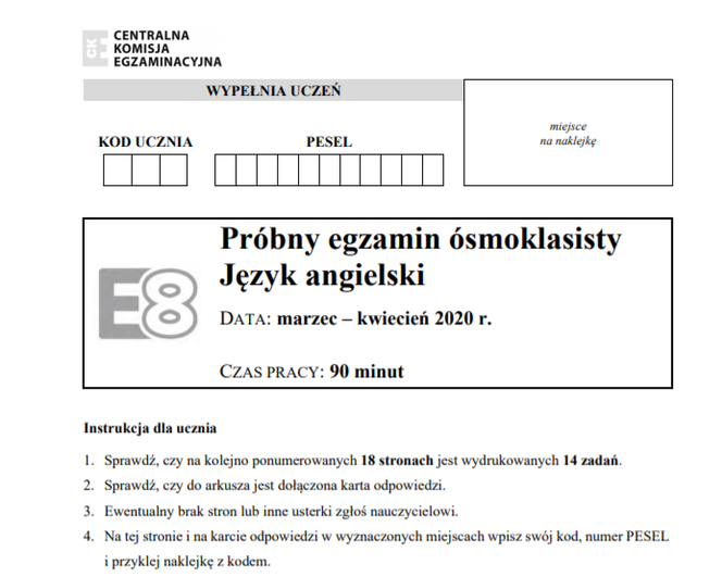 Próbny egzamin ósmoklasisty 2020 - ODPOWIEDZI CKE angielski online Próbny Arkusz Egzaminacyjny ósmoklasisty Angielski