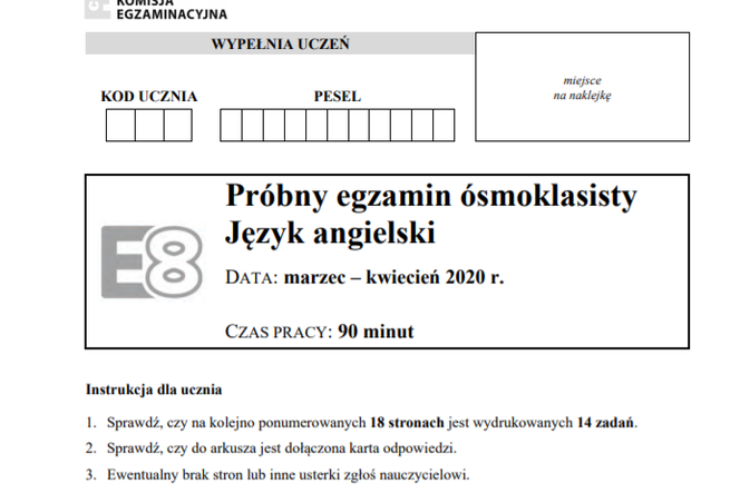 Próbny egzamin ósmoklasisty 2020 - ODPOWIEDZI CKE angielski online Prbny Egzamin Smoklasisty 2020 Angielski