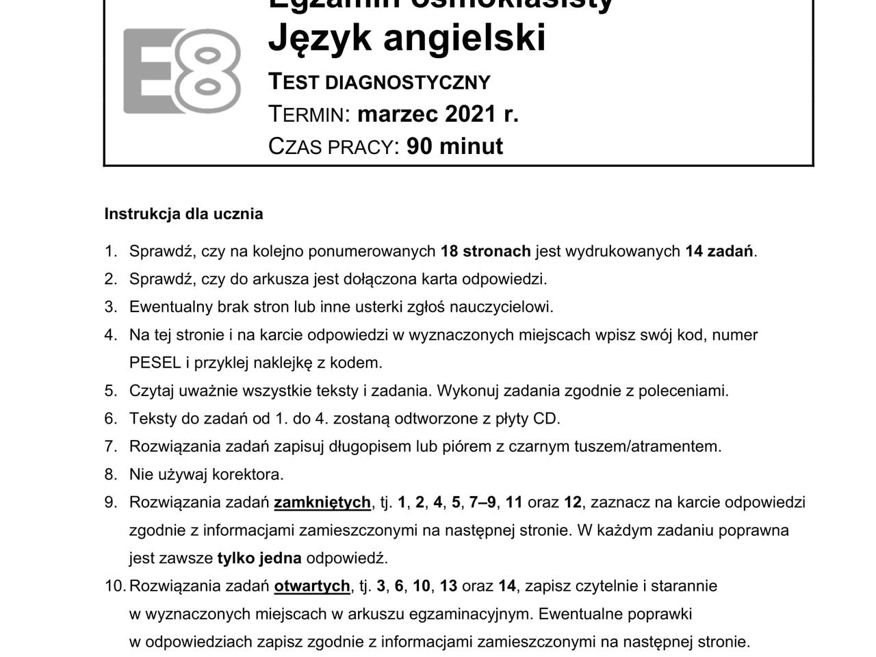 Prbny Egzamin Smoklasisty 2021 Angielski