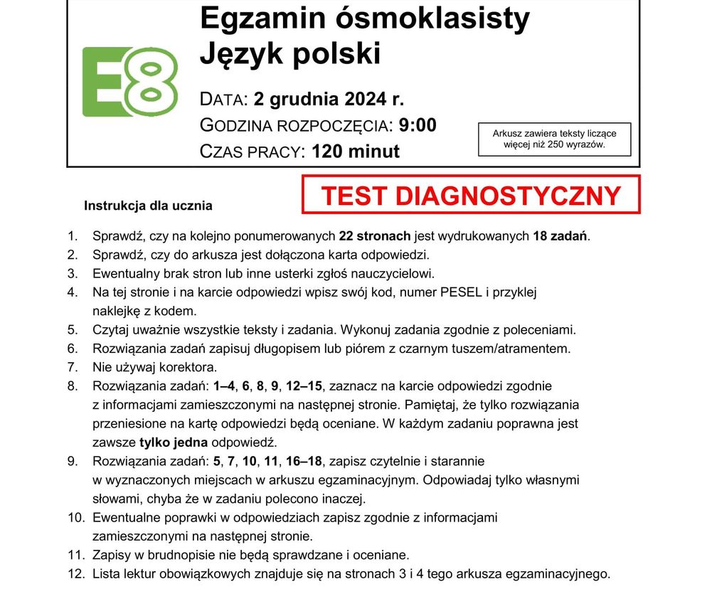 Próbny egzamin ósmoklasisty 2024/2025. Arkusze, pytania, odpowiedzi Przykładowy Arkusz Egzaminacyjny Nr 8