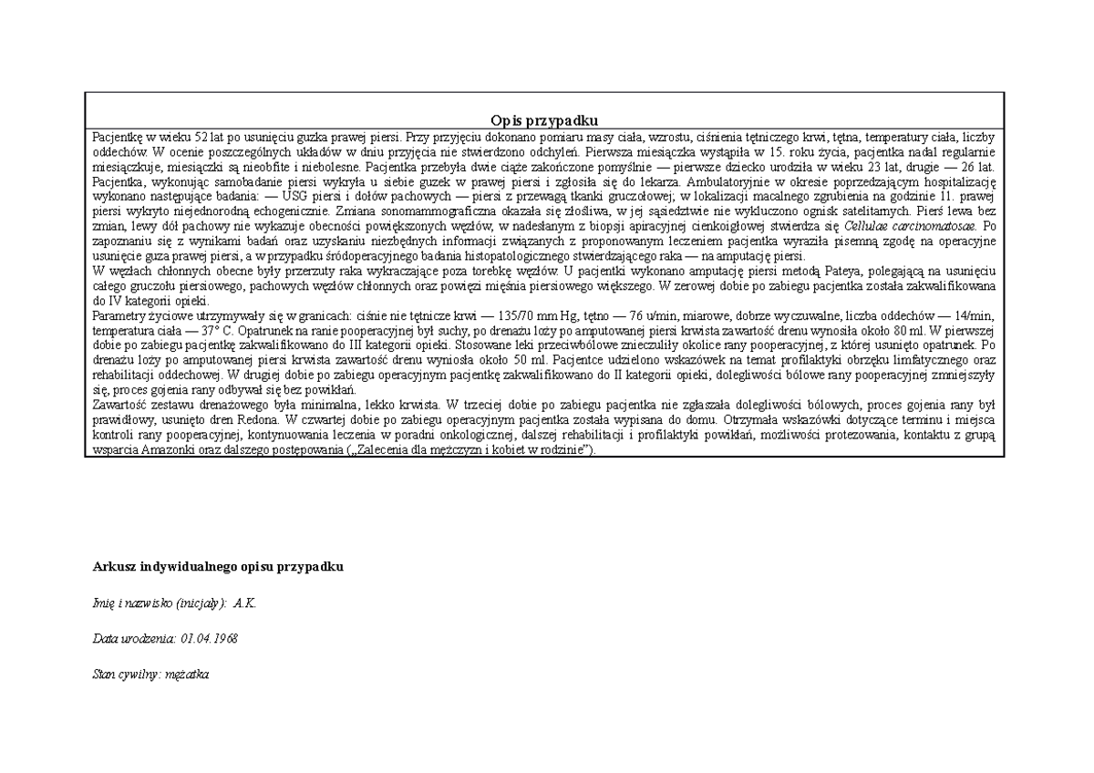 Proces pielęgnowania pacjenta onkologicznego - Opis przypadku Pacjentkę W Przypadku Złamania Kończyny Należy Unieruchomić Dwa Najbliższe Stawy