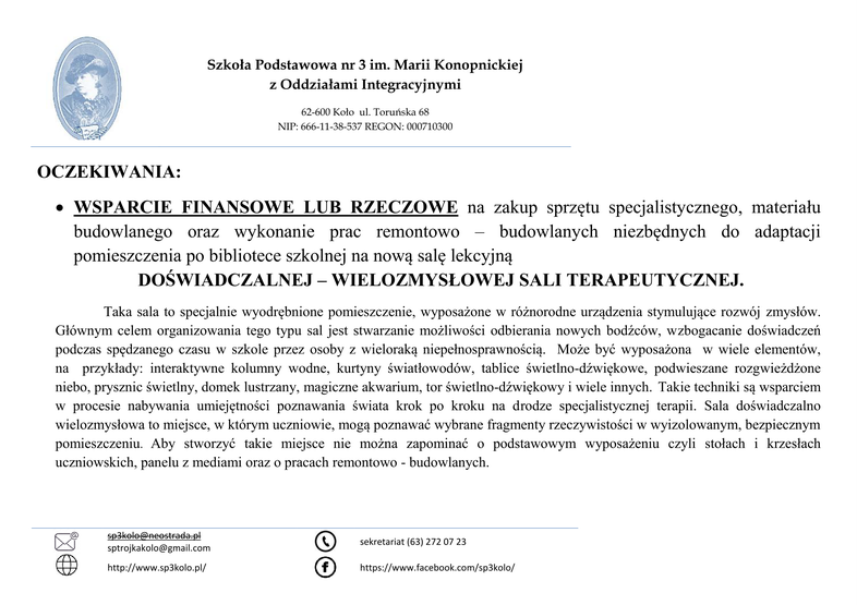 Prośba o wsparcie - Szkoła Podstawowa nr 3 w Kole Prośba List Do Sponsora O Wsparcie Finansowe Wzór