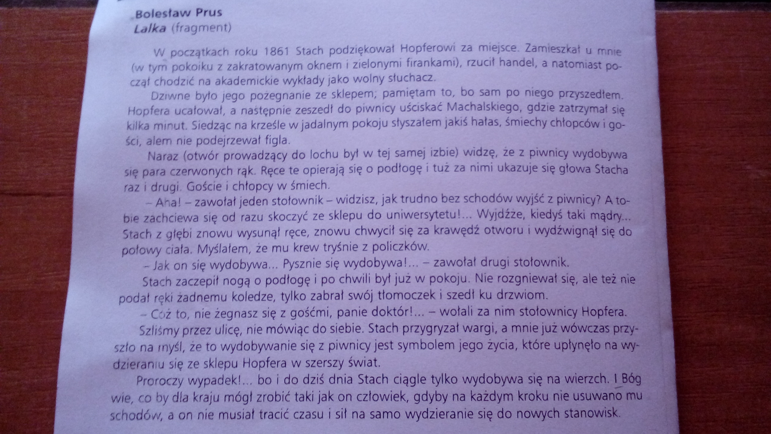 Przeczytaj dokładnie podany fragment Lalki i wykonaj polecenia oraz Przeczytaj Fragment Wywiadu Z Uczennica Liceum I Zapoznaj